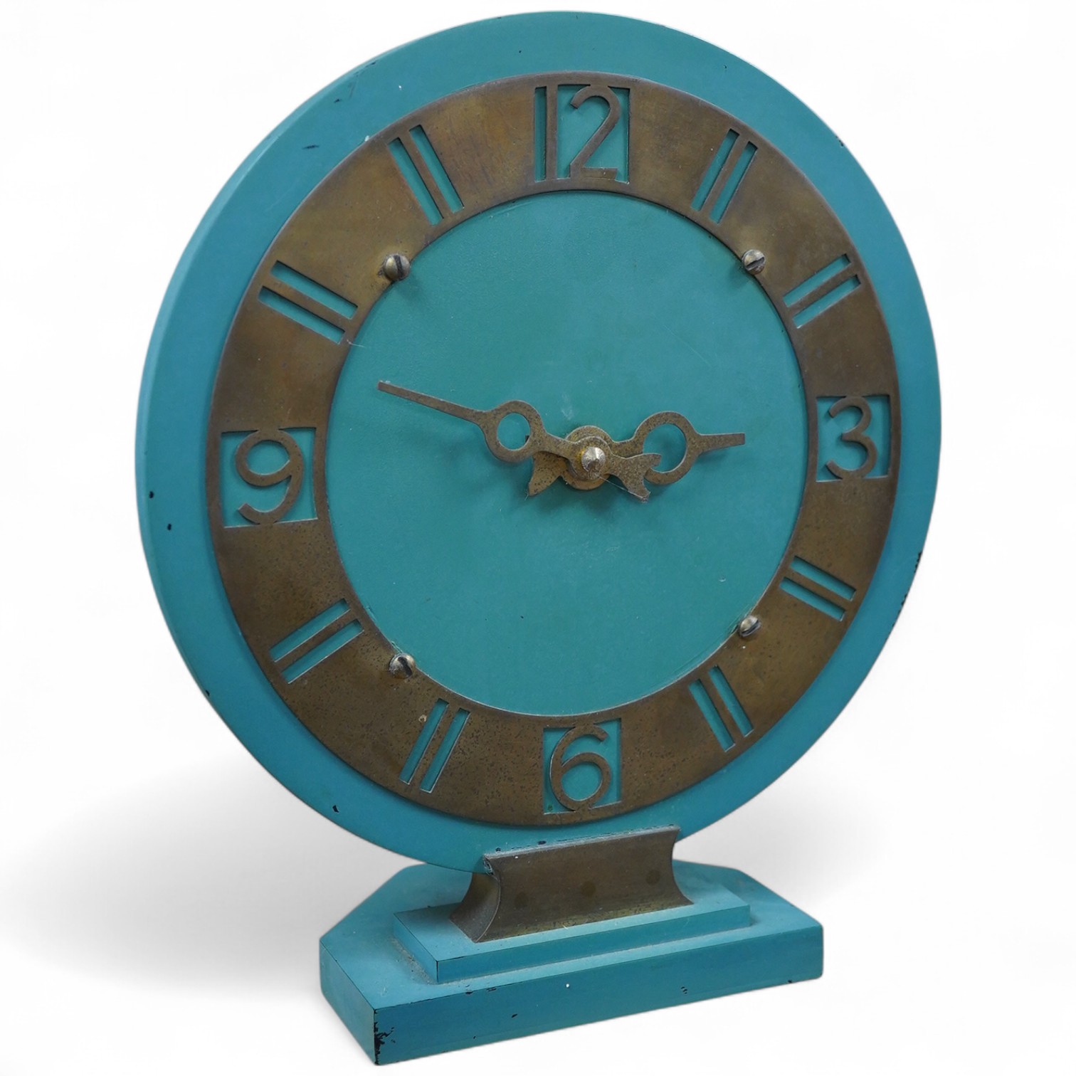 An Art Deco style circular mantle clock, 25cm. Condition - quartz movement